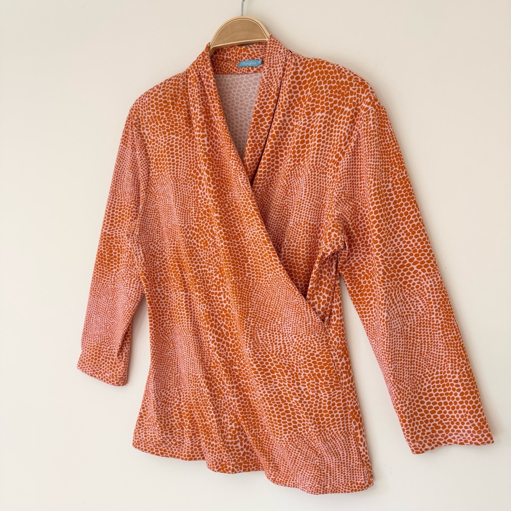 J. McLaughlin Catalina Cloth Vibrant Orange Patterned Faux Wrap Blouse Top Sz M - Picture 3 of 12